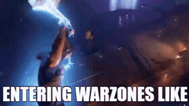 a person is holding a lightning bolt in their hand with the words `` entering warzones like '' written below it .