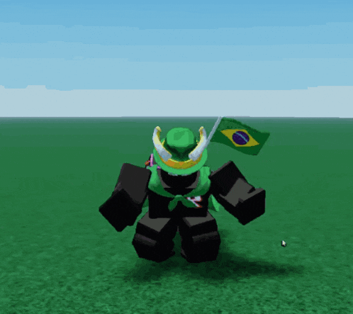 a cartoon character is holding a green flag with a yellow and blue circle on it