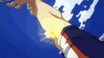 a close up of a person 's arm with a blue sky behind them