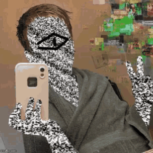 a person is taking a selfie with a phone and their face is covered in white dots