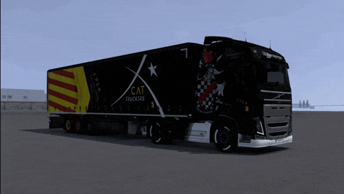 a black truck with cat trucks on the side of it