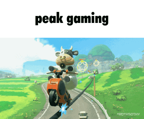 a cow is riding a motorcycle in a video game with the words peak gaming above it