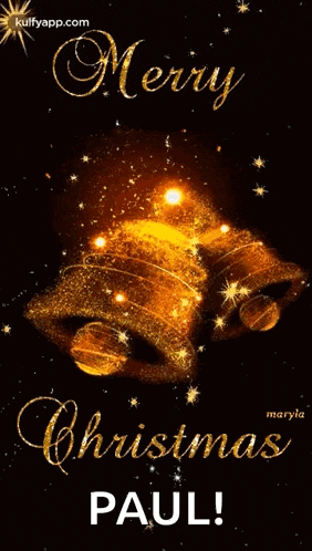 a merry christmas greeting card with a gold bell on a black background