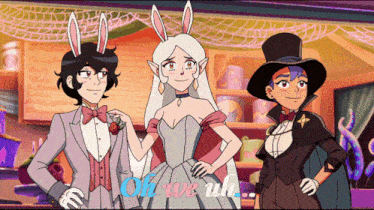 three cartoon characters are standing next to each other with the words oh we uh written on the bottom