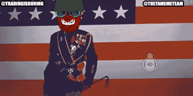 a cartoon of a man with a beard in front of an american flag with the hashtag tradingisboring