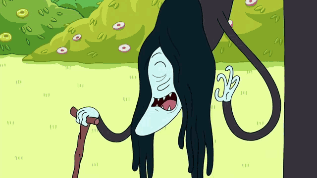 a cartoon character with long black hair is holding a cane and has the number 22 on his hand