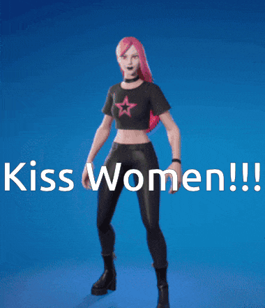 a girl with pink hair is standing in front of a blue background that says kiss women !!!