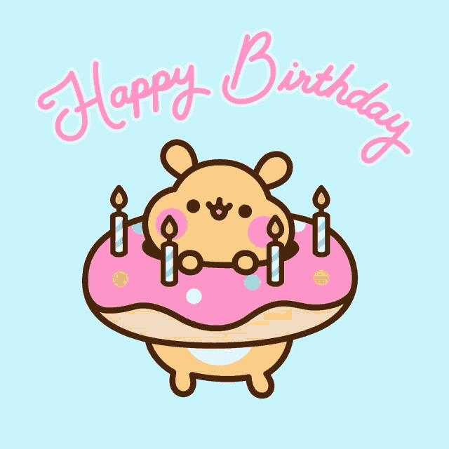 a birthday card with a hamster on a donut with candles and the words happy birthday