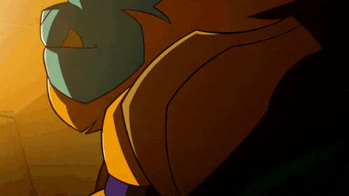 a close up of a cartoon character 's face and shoulder