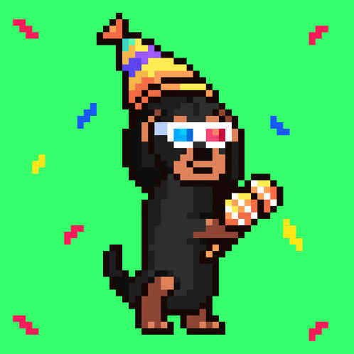 a pixel art illustration of a dog wearing a party hat and 3d glasses