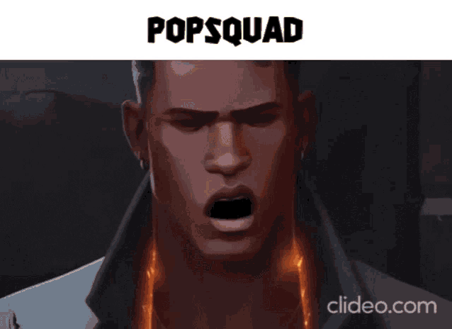 a close up of a man 's face with the words popsquad below him .