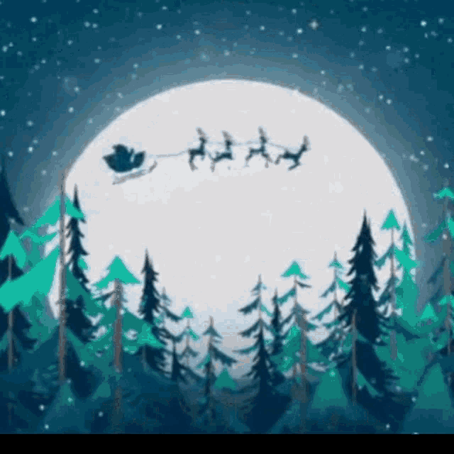 a sleigh pulled by reindeer is flying in front of a full moon