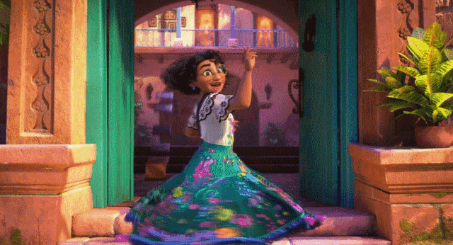 a girl in a floral skirt is standing in front of a door