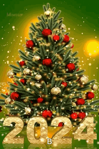 a christmas tree with red and gold decorations and the year 2024 on the bottom