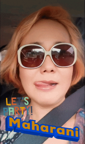a woman wearing sunglasses with the words let 's party maharani on her face