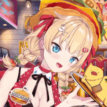 a girl with a badge that says haachama