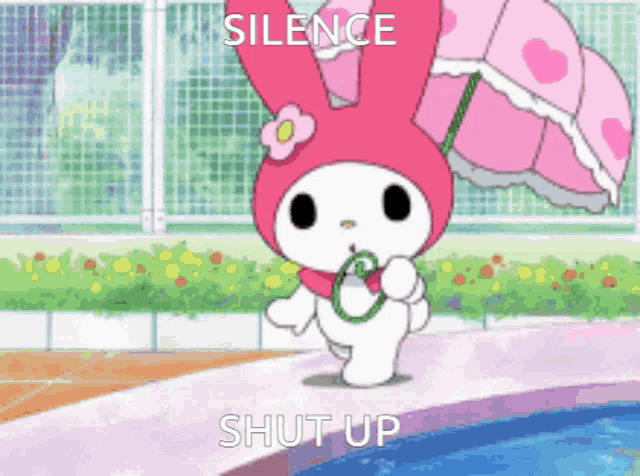 a cartoon of a bunny holding an umbrella with the words silence shut up above it