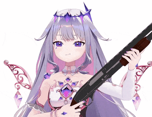 a girl with purple hair is holding a shotgun in her hands
