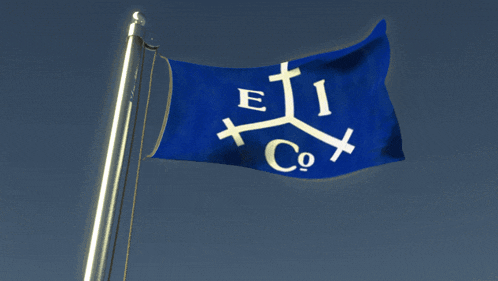 a blue flag with the letters eti and co