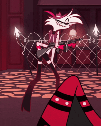 a cartoon character is holding a gun in front of barbed wire fence