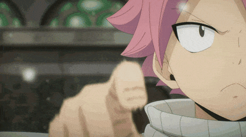 a close up of a anime character with pink hair pointing