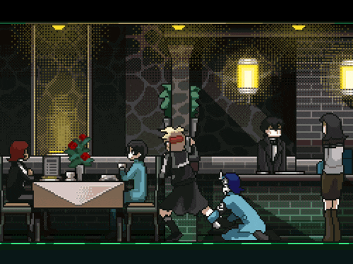 a pixel art drawing of people sitting at tables