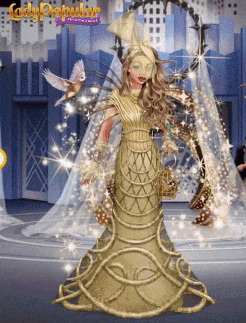a woman in a gold dress is in a lady popular video game