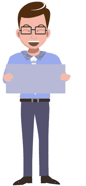 a cartoon man with glasses is holding a sign
