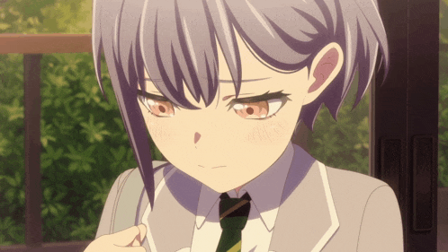 a girl with purple hair and a green tie
