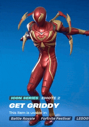 a man in a red and gold suit is standing in front of a blue background that says icon series emote 2 get griddy