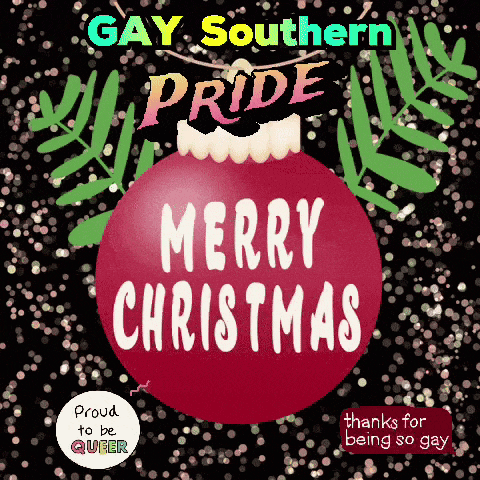 a gay southern pride merry christmas poster with a red ornament