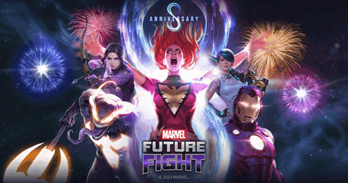 a poster for marvel future fight with fireworks behind them