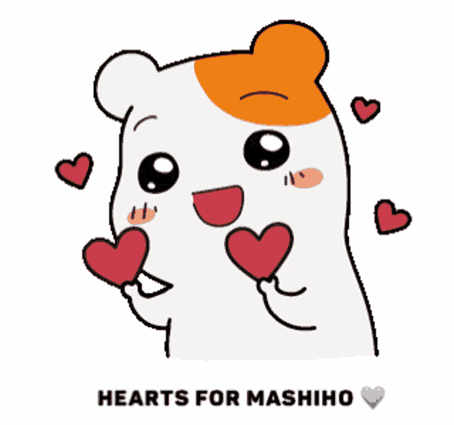 a cartoon of a hamster holding a heart with the words hearts for mashiho below it
