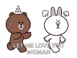 a brown bear and a white rabbit are standing next to each other . the rabbit is angry and the bear is crying .
