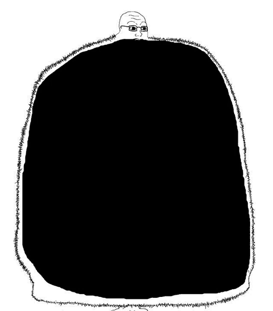 a black and white drawing of a man with glasses and a large black hole in the middle of his body .