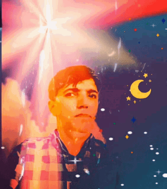 a man in a plaid shirt with a crescent moon and stars in the background