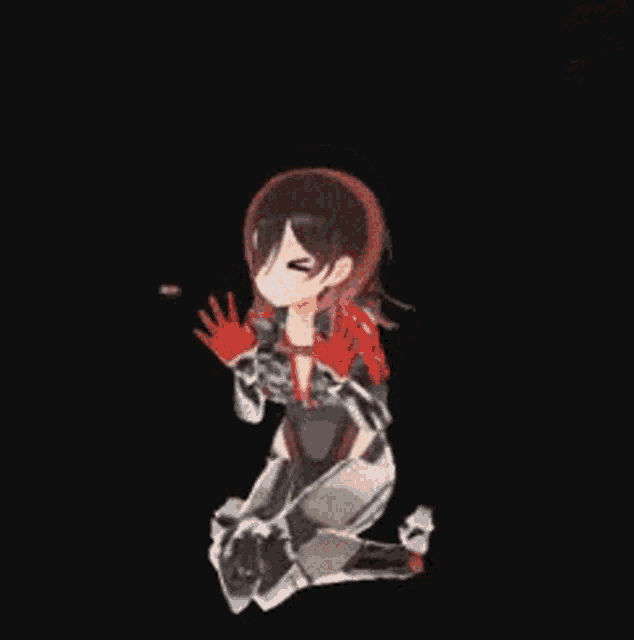 a cartoon girl is kneeling down in a dark room with red gloves on .