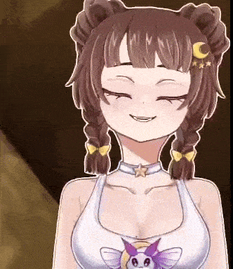 a girl with braids and a butterfly on her shirt is smiling with her eyes closed