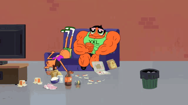 a cartoon of a man wearing a green shirt that says xxl
