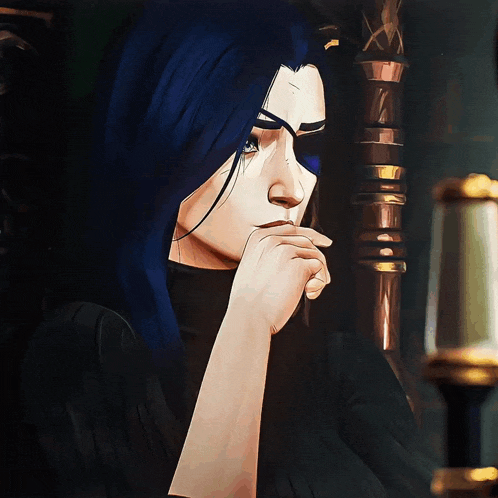 a drawing of a woman with blue hair and a black turtleneck