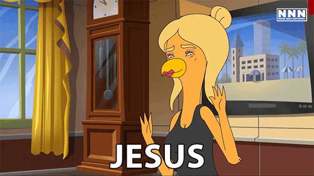 a cartoon character says jesus in front of a clock and a television