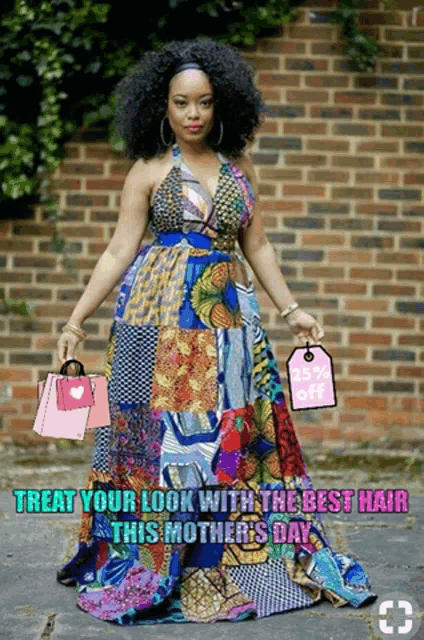 a woman in a colorful dress is holding shopping bags and a tag that says 25% off