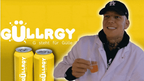 a man in a lab coat is holding a cup in front of a gullrgy ad