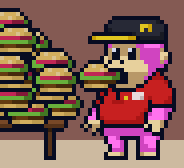 a pixel art of a man eating a sandwich