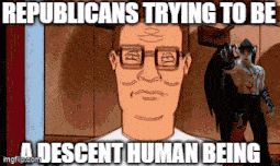 a cartoon of a man with glasses and the words " republicans trying to be a descent human being "