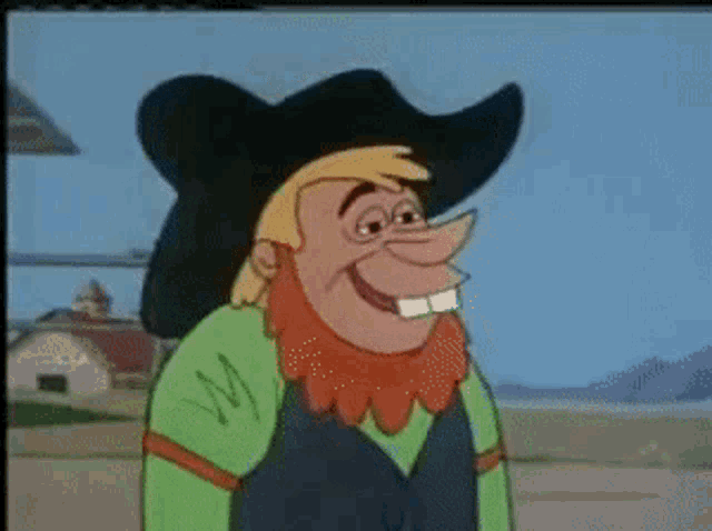 a cartoon character wearing a cowboy hat and a green vest has the letter m on his sleeve