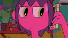 a pink cartoon character is talking on a phone