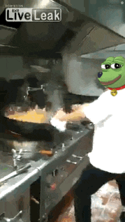 a person is cooking in a kitchen with a green frog on their head