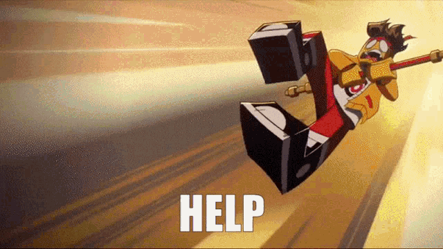 a cartoon character is flying in the air and the word help is visible