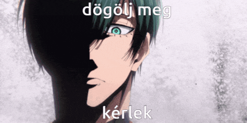 a close up of a person 's face with the words dogoli meg kerlek written below it